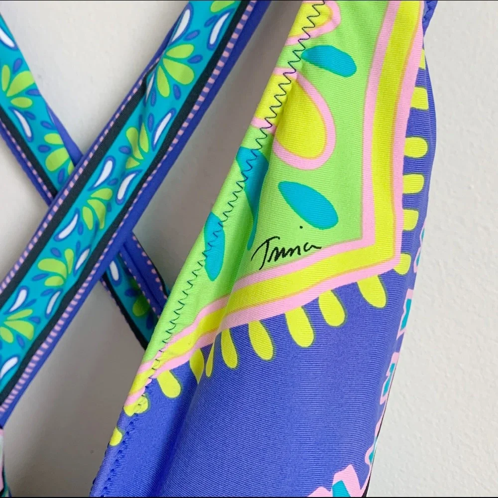 Trina Turk Patterned, Strappy One-Piece Swimsuit, Deep Plunge Front - Picture 3 of 8